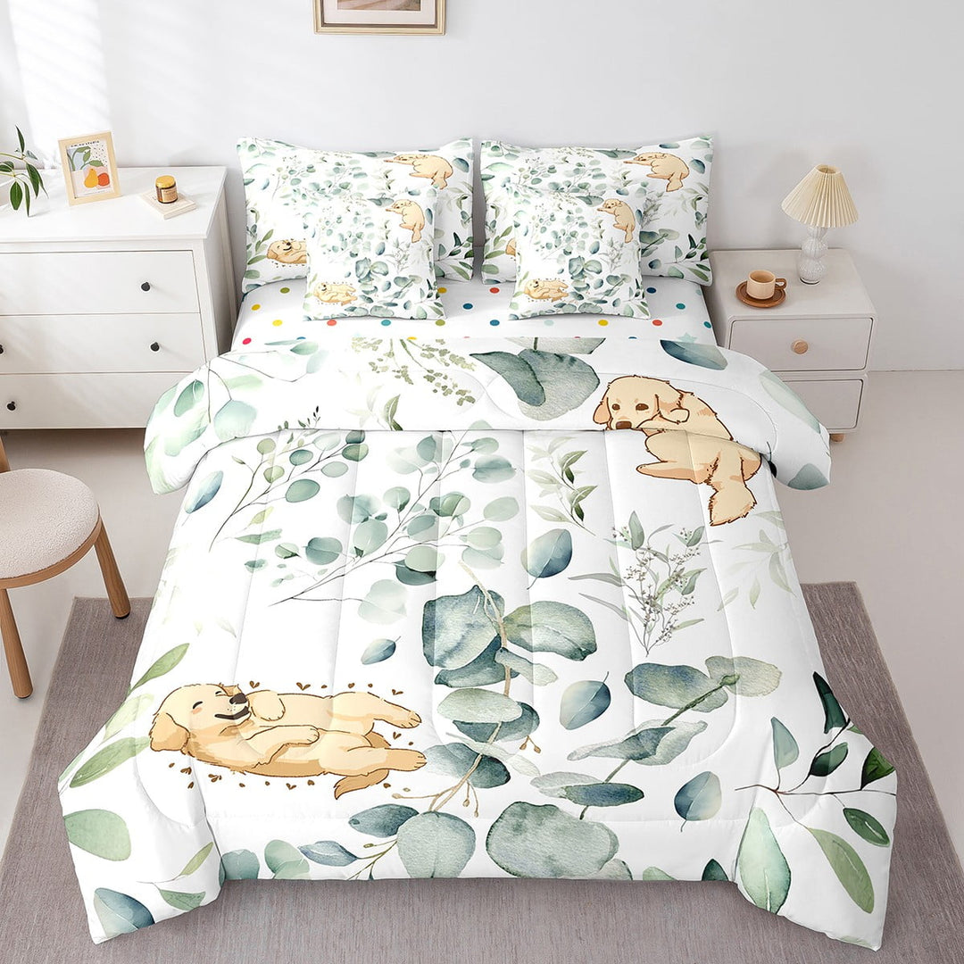 YST Cute Dog Bed in a Bag 7-Piece for Kids Green Eucalyptus Bedding Set, Kawaii Animal PetTwin Comforter Set Botanical Plant Leaves Bedding Comforter Sets, Cartoon Golden Retriever Bed Set