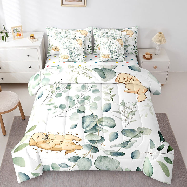 YST Cute Dog Bed in a Bag 7-Piece for Kids Green Eucalyptus Bedding Set, Kawaii Animal PetTwin Comforter Set Botanical Plant Leaves Bedding Comforter Sets, Cartoon Golden Retriever Bed Set