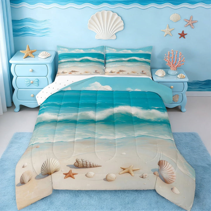 Erosebridal Ocean Seashell Starfish Full Size Comforter Sets,Hawaiian Beach Coastal Nautical Nature Theme Kids Bedding Sets,Reversible,3-Piece