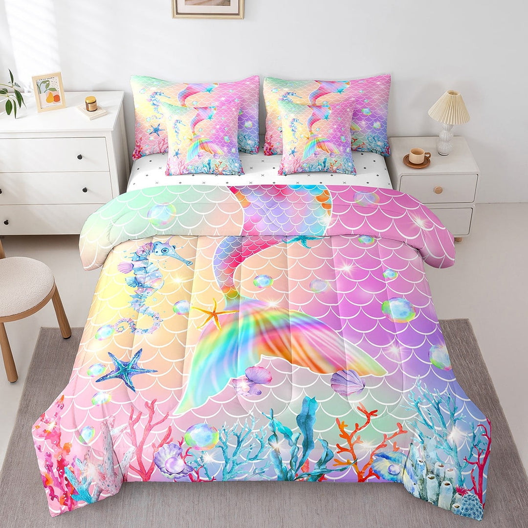 Erosebridal Mermaid Tail Comforter Set ,Twin Mermaid Bed in A Bags ,Gradient Rainbow Fish Scale Bedding Sets,Colorful Sealife Seahorse Nautical Reversible Bed Sets 7 Pcs