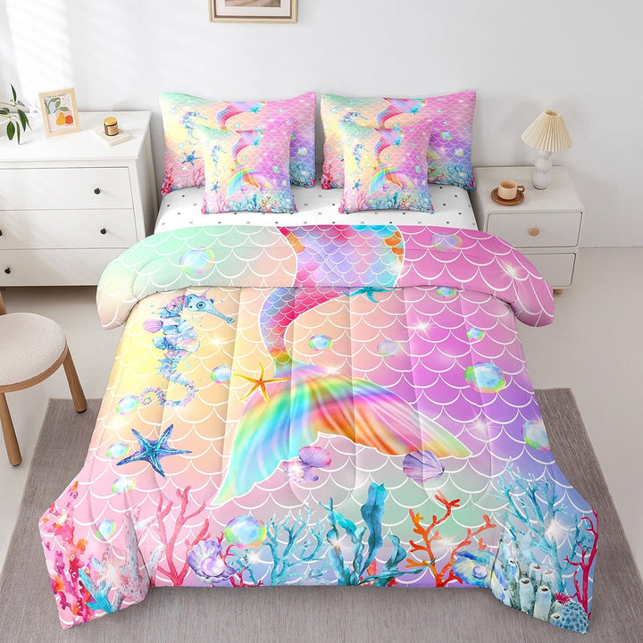 Erosebridal Mermaid Tail Comforter Set ,Twin Mermaid Bed in A Bags ,Gradient Rainbow Fish Scale Bedding Sets,Colorful Sealife Seahorse Nautical Reversible Bed Sets 7 Pcs