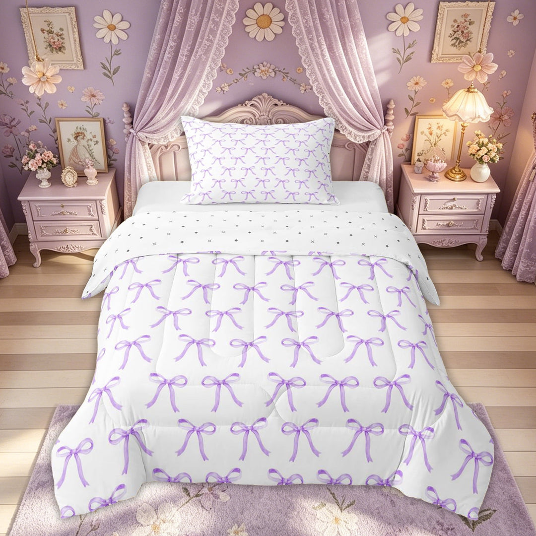 Meiyoeat Dreamy Purple Bow Full Size Comforter Sets for Women Girls, Kawaii Princess Style Bedding Sets, Reversible, 3pcs