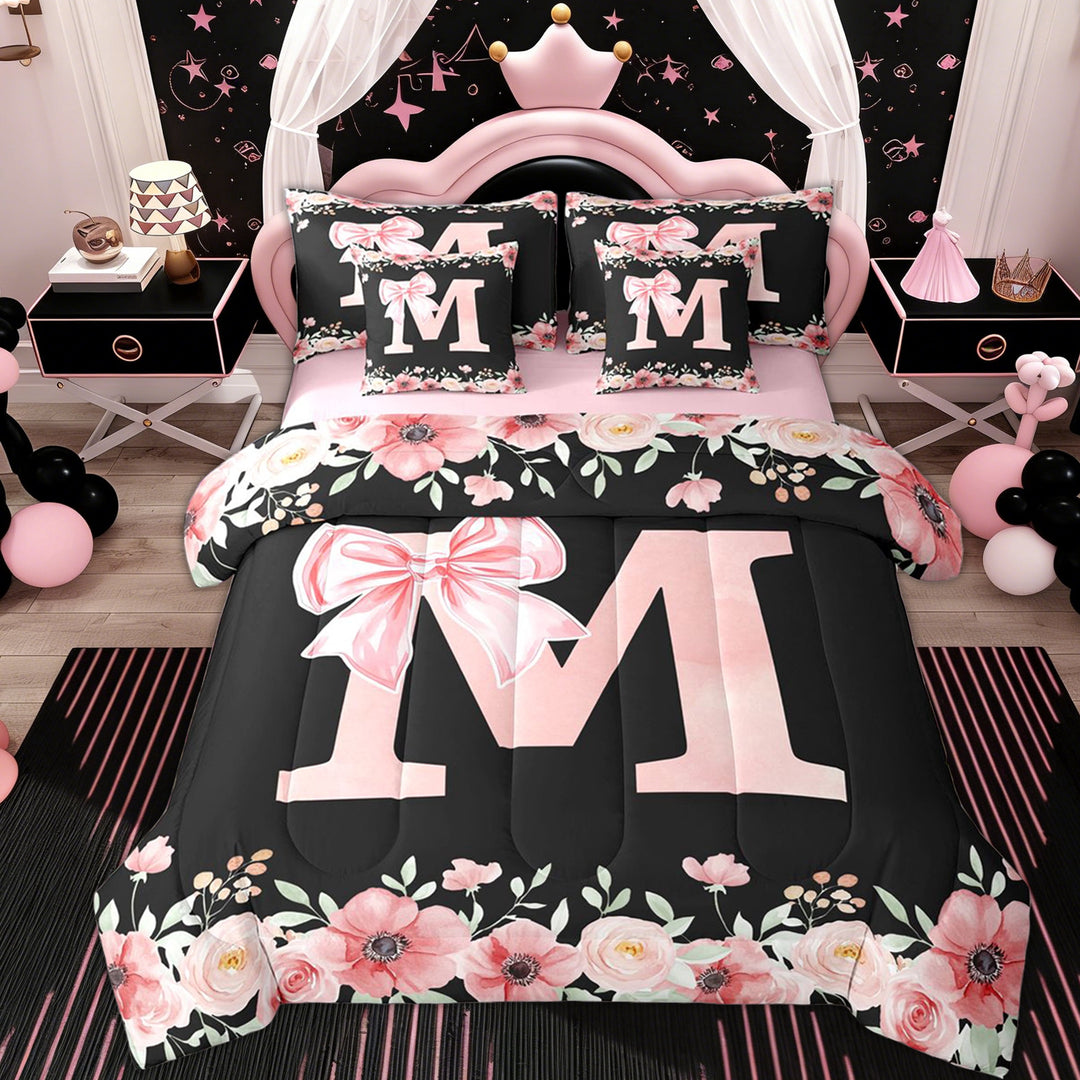Erosebridal Bow Monogrammed M Girls Twin Bedding Sets 7-Piece, Pink Flower Bedding Comforter Set