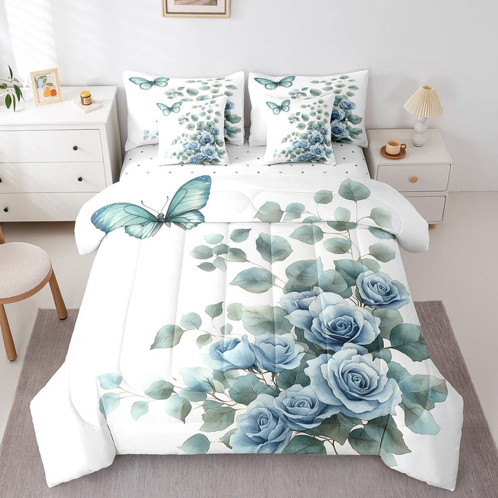 YST 7 Piece Blue Rose Floral Full Comforter Set with Sheets,Butterfly Flower Leaf Bedding Set,Green Leaves Botanical Plant Bed in a Bag Nature Themed Bed Set with Fitted Sheet,Flat Sheet