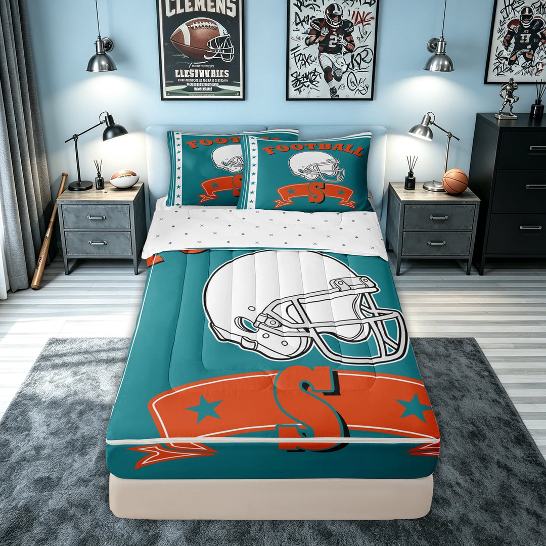meiyoeat Football Letter S Zipper Comforter Set with Fitted Sheet and 2 Pillowcases for Boys, Player Print Zipper Bedding Set for Kids, Teal, Reversible, 3-Piece