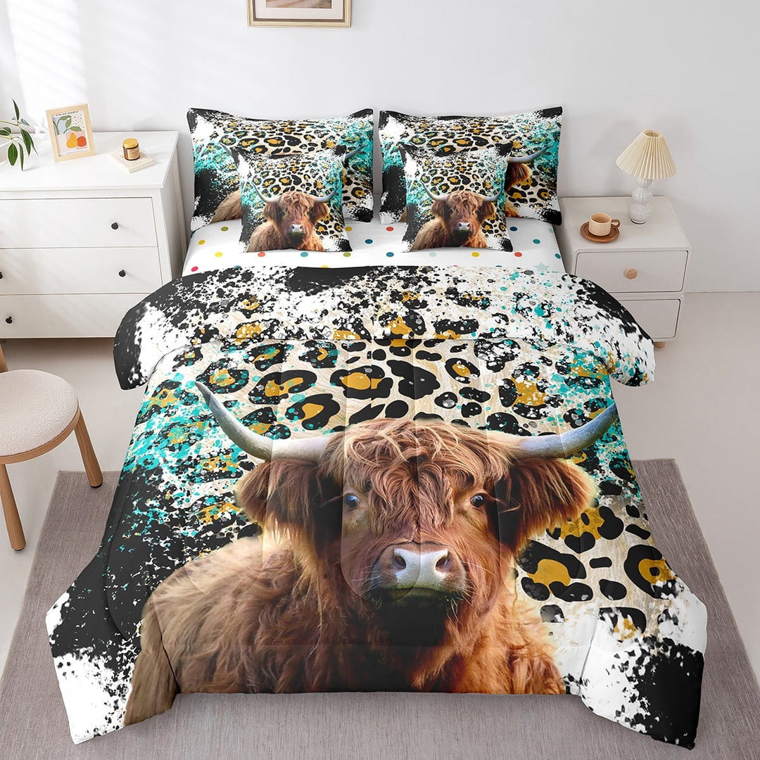 Highland Cow Comforter Set 7 Piece Bed in a Bag Twin,Teal Brown Leopard Print Bedding Sets Farmhouse Longhorn Bull Cattle Sheet Set with Comforter Farm Animals Western Decor