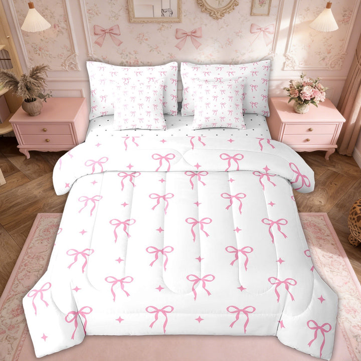 Erosebridal Cute Bowknot Kids Twin Bedding Sets, Pink Butterfly Knot Bedding Comforter Set, 7-Piece