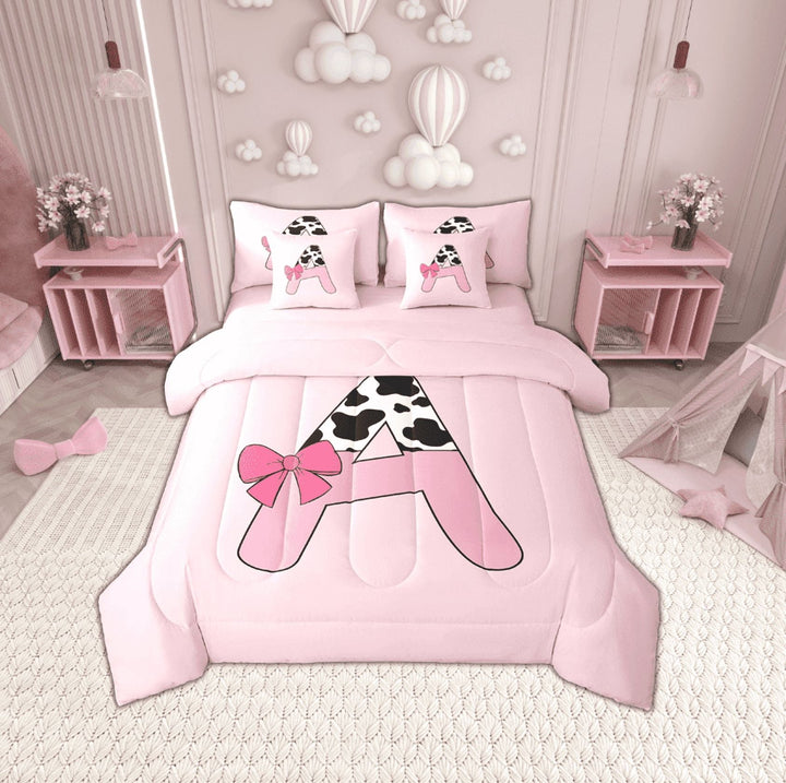 Erosebridal Initial Monogrammed Bedding Sets Twin Size,Bowknot Cow Print Comforter Sets with Sheets,Microfiber Reversible Bed in a Bag Twin size,Kawaii Room Decorative,7pcs