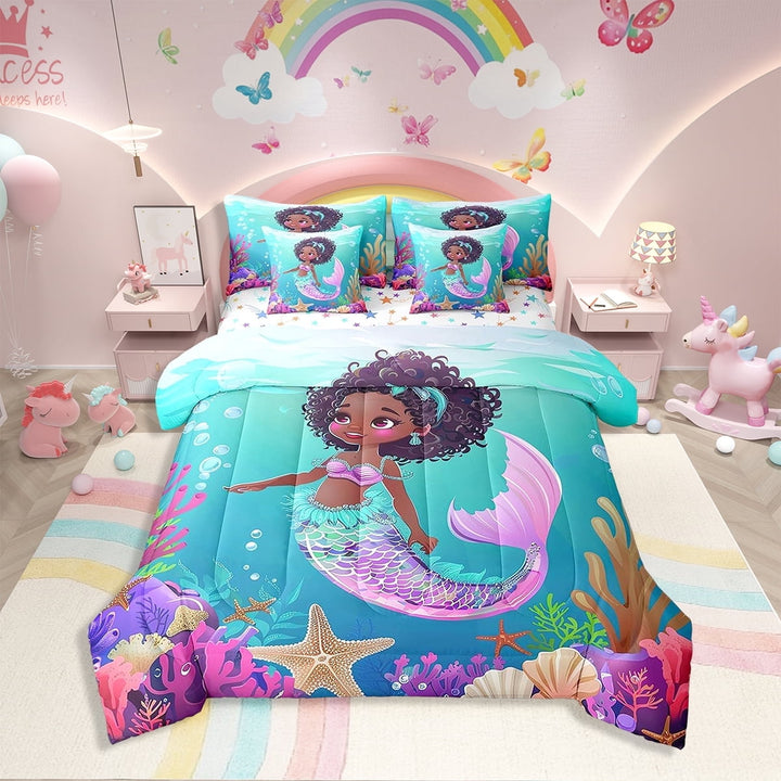 Erosebridal Black Mermaid Comforter Set With Sheets 7 Piece Twin Black Princess Bed In A Bag Cute Ocean Mermaid Bedding Set For Little American African Bed Set Marine Life Room Decor