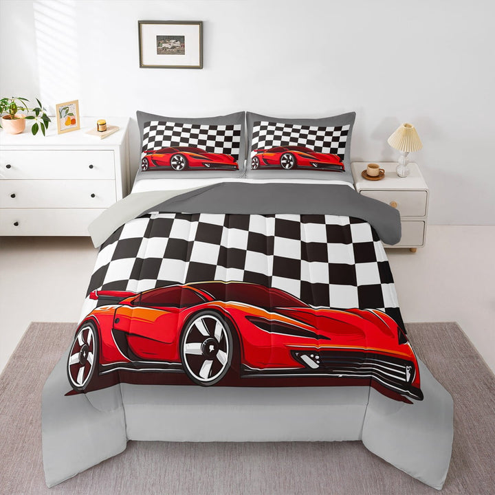 Racing Car Comforter Set, Cool Speed Race Car Down Comforter Twin Size Teens Bedroom, Automobile Extreme Sport Quilted Duvet Grid Buffalo Duvet Insert with 1 Pillow Cases