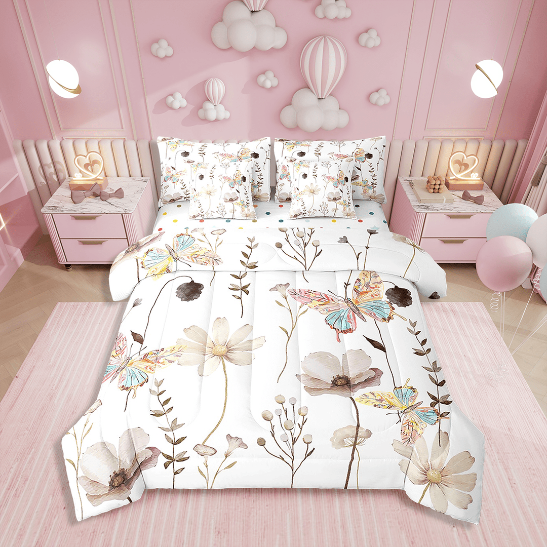 Flower Butterfly Bedding Set Full Size 7 Piece Bed In A Bag,Brown Beige Watercolor Comforter Set For Teens Adult Women,Rustic Farmhouse Sheet Set Floral Branches Pastoral Bed Sets