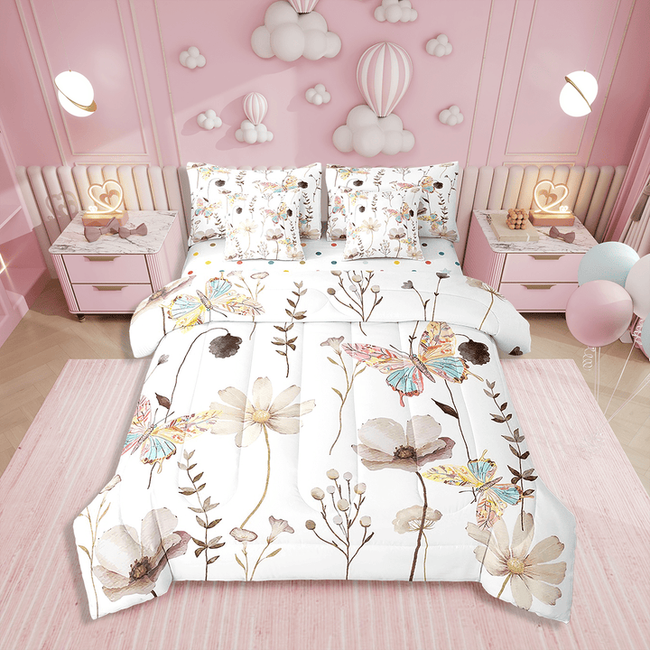 Flower Butterfly Bedding Set Full Size 7 Piece Bed In A Bag,Brown Beige Watercolor Comforter Set For Teens Adult Women,Rustic Farmhouse Sheet Set Floral Branches Pastoral Bed Sets