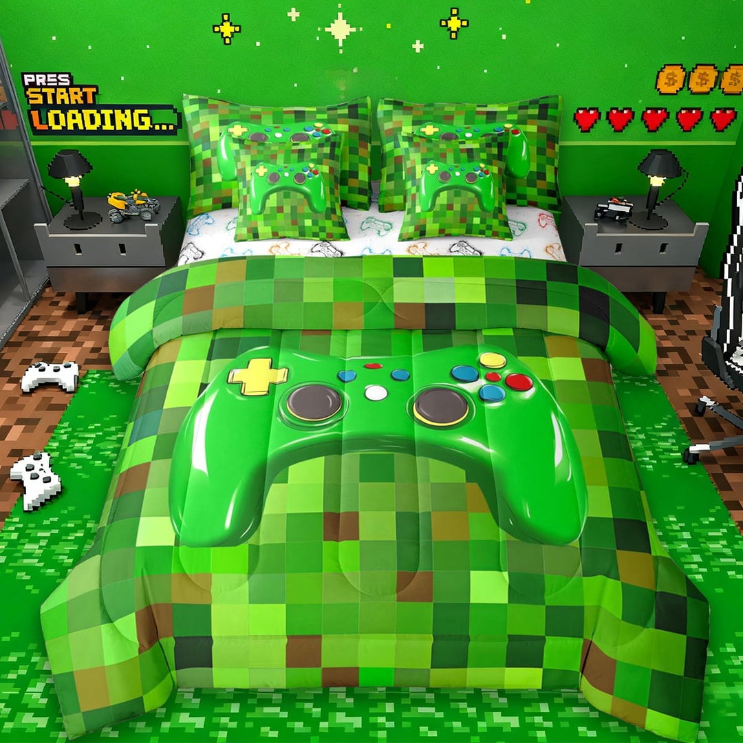 Erosebridal 3D Gaming Geometric 7-Piece Twin Bedding Sets For Kids Gamer,Pixelated Miners Gamer Bedding Comforter Set For Boys,Reversible