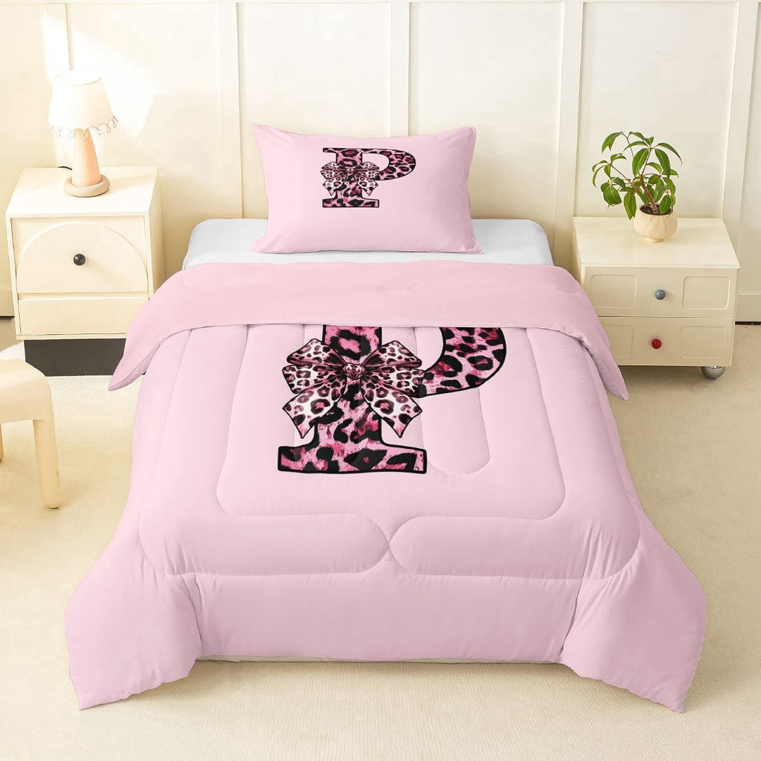 Erosebridal Cheetah Print P Personalized Initial Twin Comforter Sets 3-Piece For Teens,Girls Vintage Leopard Print Bowknot Bedding Set,Pink Reversible