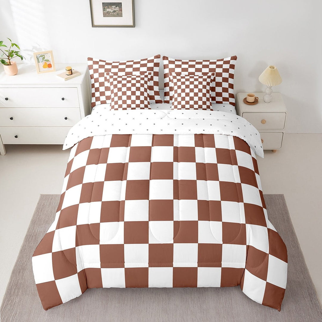 Erosebridal Check Plaid Bedding Sets King Size, Geometric Comforter Sets with Sheets, Farmhouse Gingham Decor, Reversible 7pcs