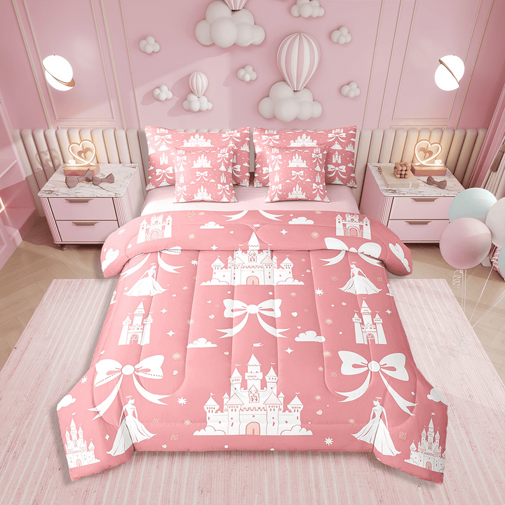 Bow Knot Bedding Set Twin Size 7 Piece Bed in a Bag,Cute Castle Room Decor Bed Set,Princess Bow Clouds Printed Teens Bedding Bed Sets,Pink White Dreamy Retro Bed Sheets Set