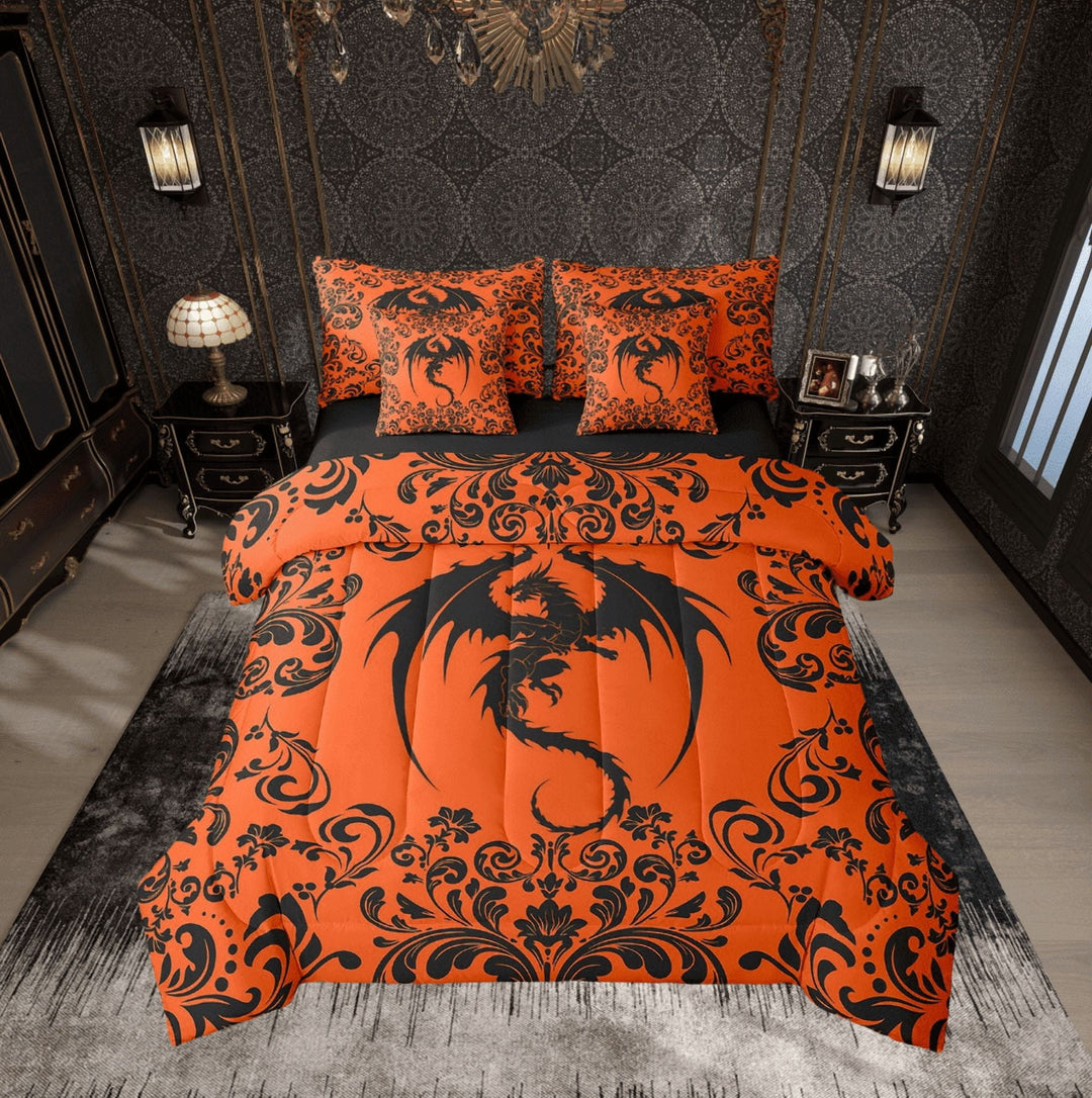 Damask Dragon 7 Piece Bed In A Bag Full Boho Black Orange Gothic Animal Bedding Set Bohemian Exotic Floral Dragon Comforter Set Retro Victorian Baroque Flower Goth Sheet Set With Comforter