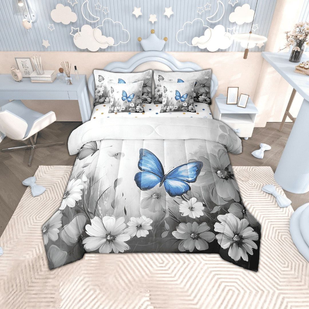 Butterfly Flowers 7 Piece Comforter Set Full Bed in a Bag,Blue Grey Ombre Art Oil Painting Floral Bedding Sets Rustic Aesthetic Animal Daisy Flower Sheet Set with Comforter