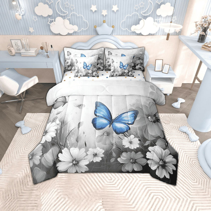Butterfly Flowers 7 Piece Comforter Set Full Bed in a Bag,Blue Grey Ombre Art Oil Painting Floral Bedding Sets Rustic Aesthetic Animal Daisy Flower Sheet Set with Comforter