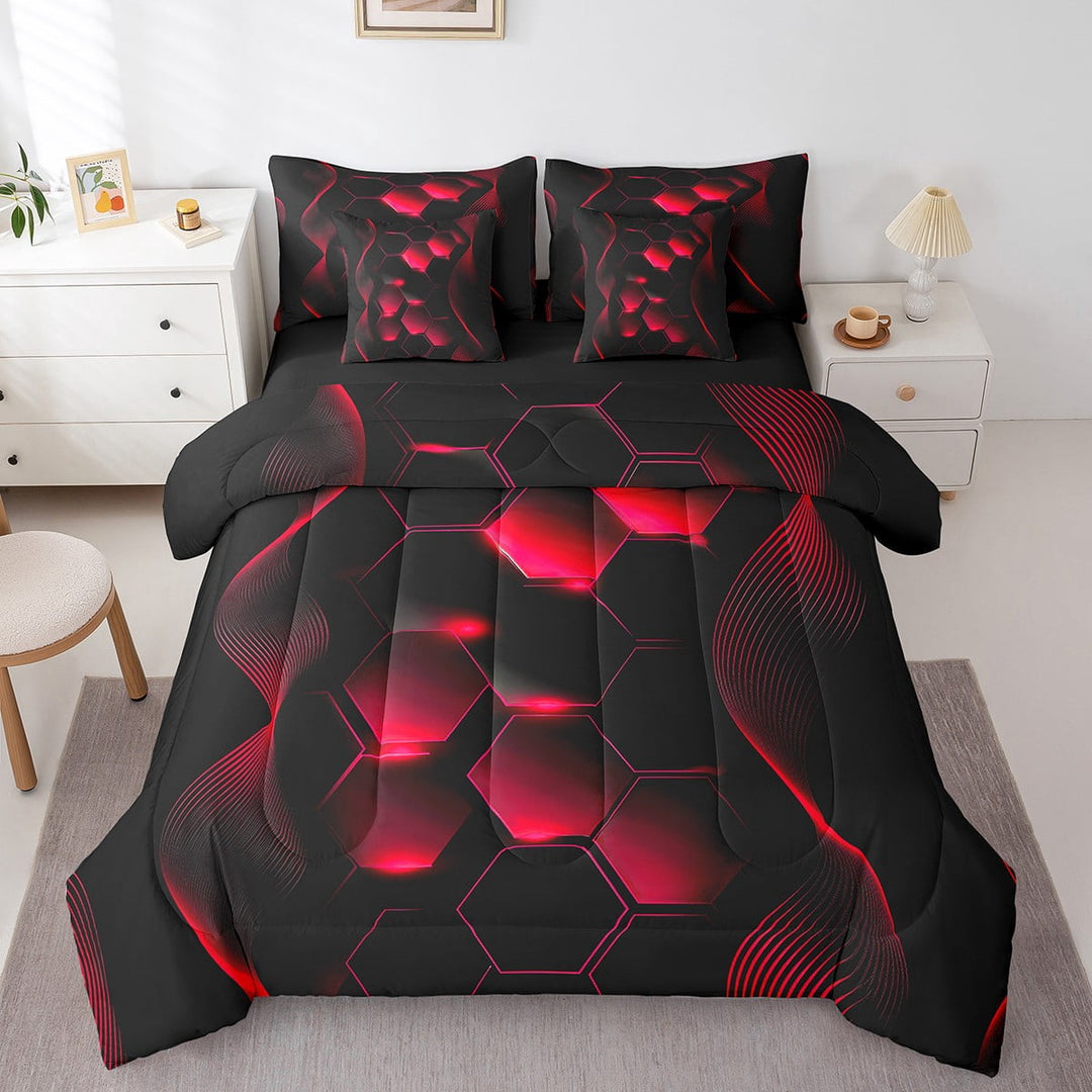 Black and Red Ombre Bed in a Bag King Comforter Set 7 Piece,Geometry Honeycomb Hexagonal Striped Bedding Sets Teens Neon Lights Stripes Geometric Sheet Set with Comforter