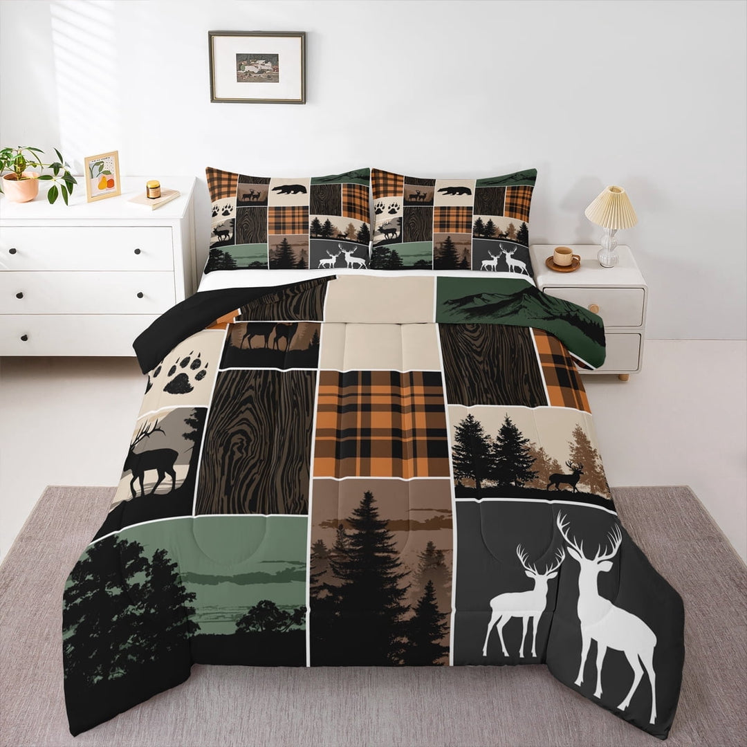Rustic Cabin Comforter Set King Size, Hunting Bear Deer Down Comforter Teens Adult, Farmhouse Moose Quilt Vintage Plaid Tree Growth Ring Duvet Insert 3 Pcs With 2 Pillow Cases, Grey Brown
