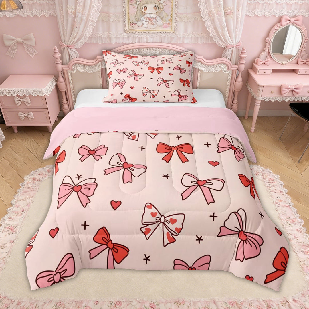 Erosebridal Pink Red Love Heart Bow Twin Comforter Sets for Girls, Cartoon Stars Print Bedding Set, Pink Reversible, 2pcs