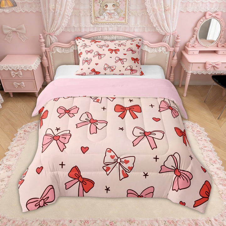 Erosebridal Pink Red Love Heart Bow Twin Comforter Sets for Girls, Cartoon Stars Print Bedding Set, Pink Reversible, 2pcs