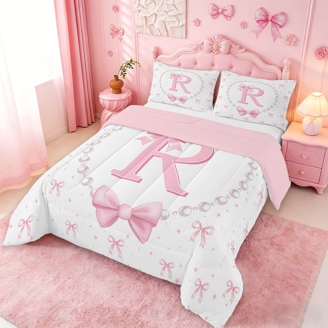 meiyoeat Fashion Women Pearl Necklace Full Size Comforter Sets,Girly Bowtie Monogrammed R Bedding Comforter Set For Kids,Pink Reversible,3pcs