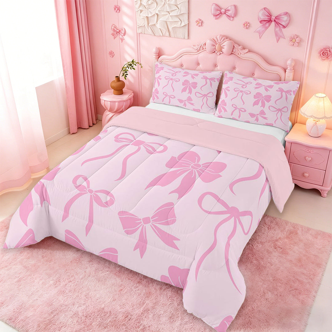 meiyoeat Pink Girly Bow Full Size Comforter Sets For Kids,Ribbon Bowknot Bedding Comforter Set For Bowtie Lovers,Pink Reversible,3-Piece