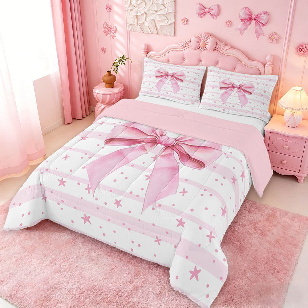 meiyoeat Pink Coquette Bow Full Size Comforter Sets For Girls,Cute Polka Dots Stars Bedding Comforter Set For Kids,Pink Reversible,3 Pieces