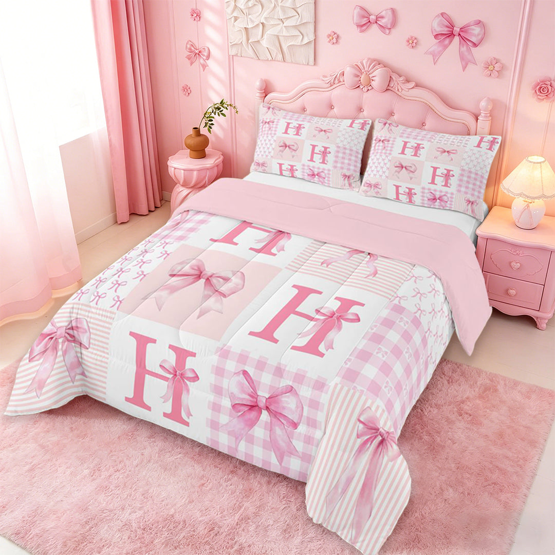meiyoeat Modern Geometric Plaid Full Size Comforter Sets For Kids,Pink Coquette Bow Initial Letter H Bedding Comforter Set,Pink Reversible,3pcs