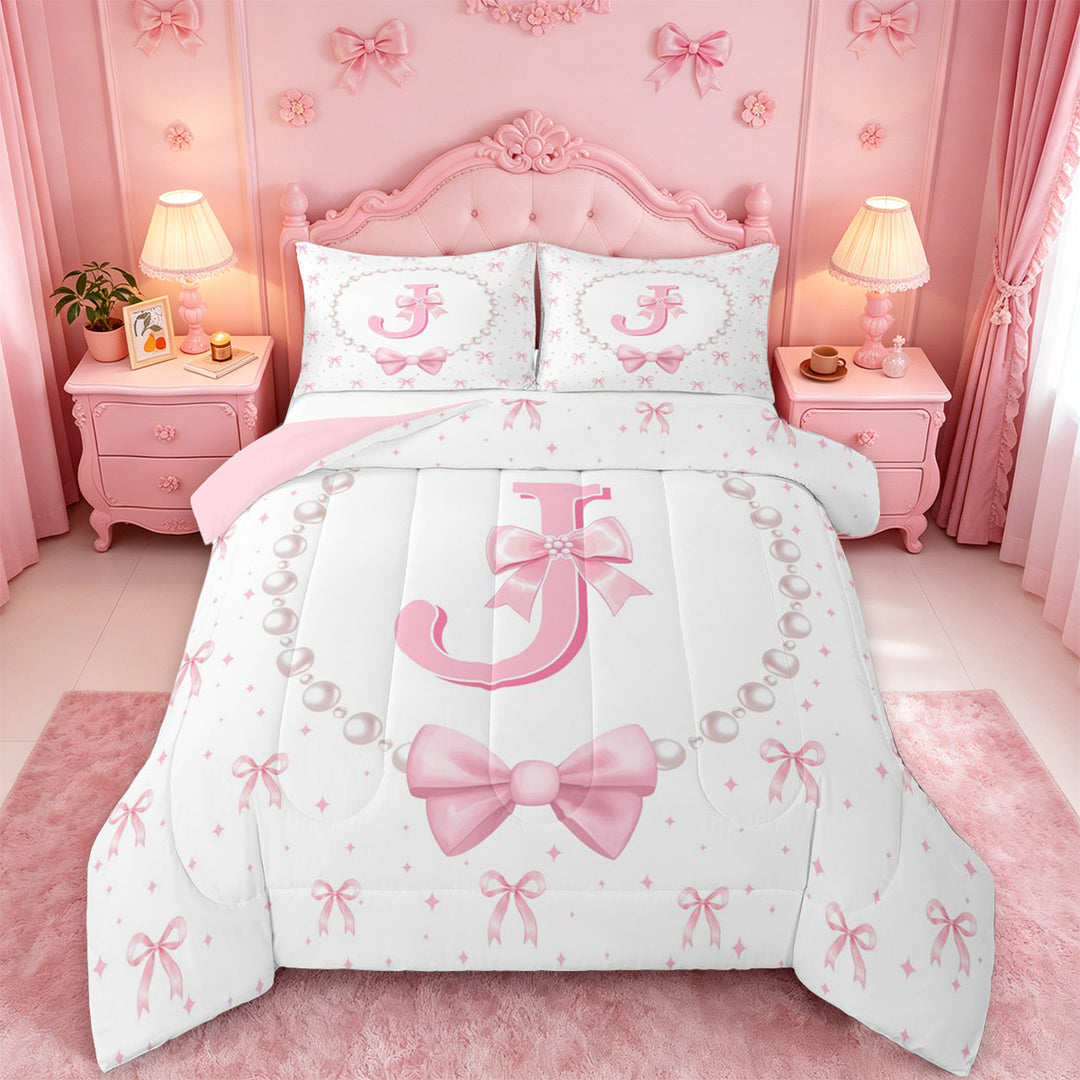 meiyoeat Pink Cute Bowknot Full Size Comforter Sets For Girls,Kawaii Bowtie Monogrammed J Bedding Comforter Set For Kids,Pink Reversible,3-Piece