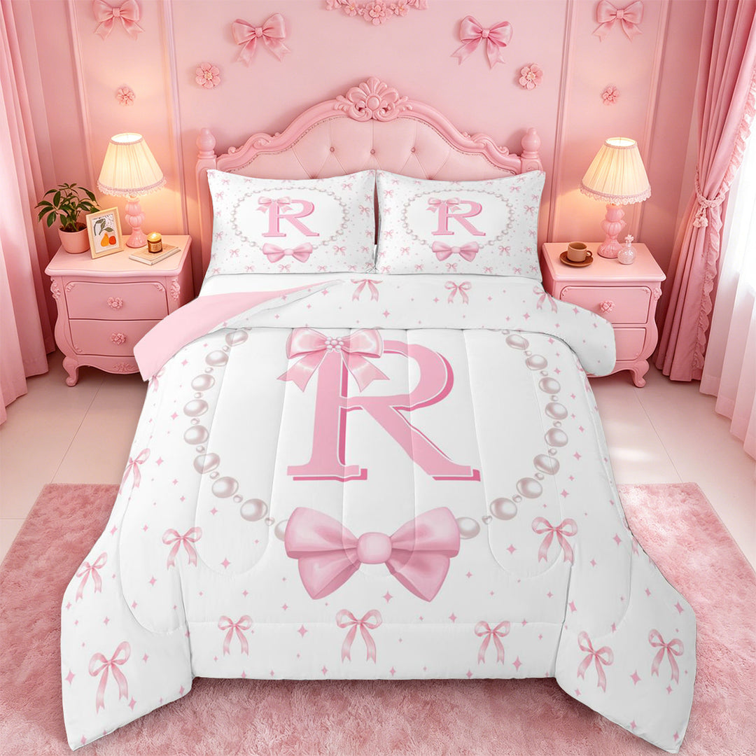 meiyoeat Fashion Women Pearl Necklace Full Size Comforter Sets,Girly Bowtie Monogrammed R Bedding Comforter Set For Kids,Pink Reversible,3pcs