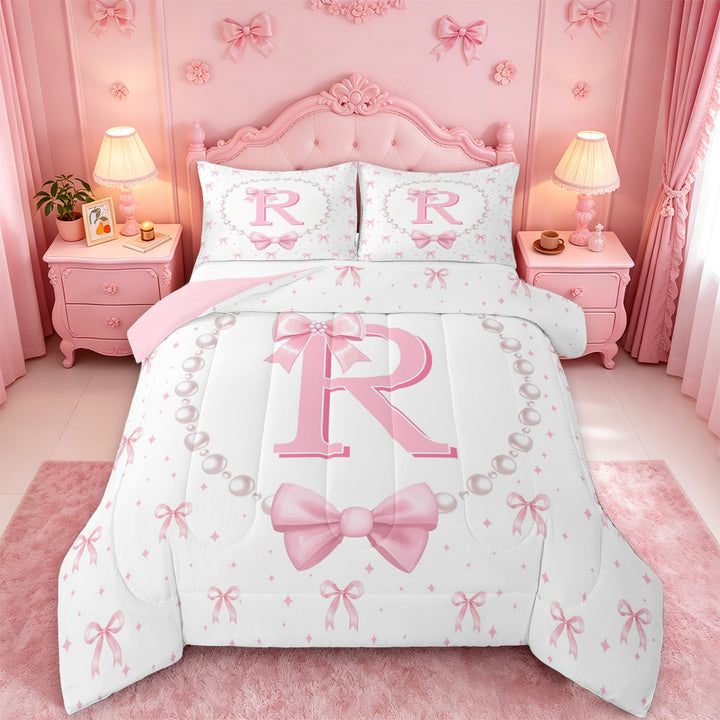 meiyoeat Fashion Women Pearl Necklace Full Size Comforter Sets,Girly Bowtie Monogrammed R Bedding Comforter Set For Kids,Pink Reversible,3pcs
