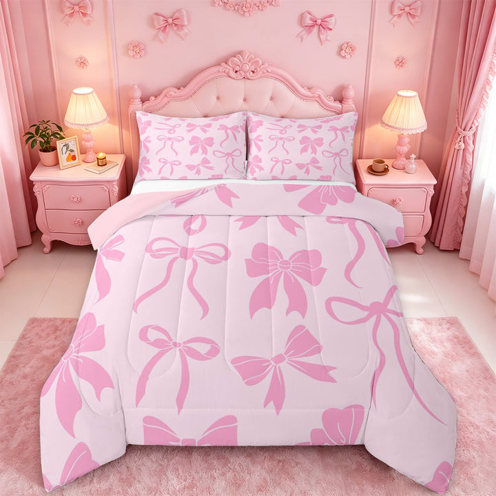 meiyoeat Pink Girly Bow Full Size Comforter Sets For Kids,Ribbon Bowknot Bedding Comforter Set For Bowtie Lovers,Pink Reversible,3-Piece