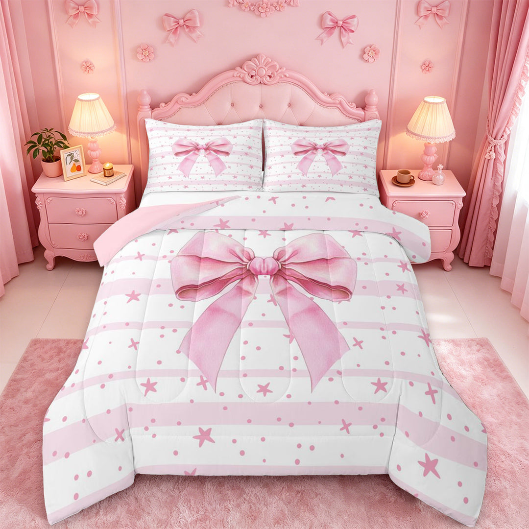 meiyoeat Pink Coquette Bow Full Size Comforter Sets For Girls,Cute Polka Dots Stars Bedding Comforter Set For Kids,Pink Reversible,3 Pieces