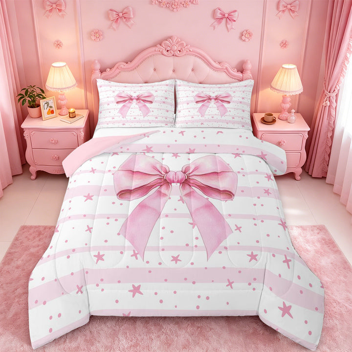 meiyoeat Pink Coquette Bow Full Size Comforter Sets For Girls,Cute Polka Dots Stars Bedding Comforter Set For Kids,Pink Reversible,3 Pieces