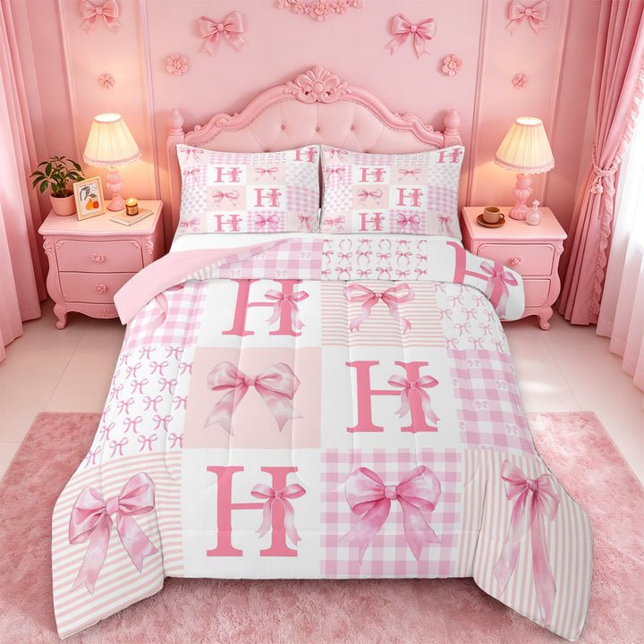 meiyoeat Modern Geometric Plaid Full Size Comforter Sets For Kids,Pink Coquette Bow Initial Letter H Bedding Comforter Set,Pink Reversible,3pcs