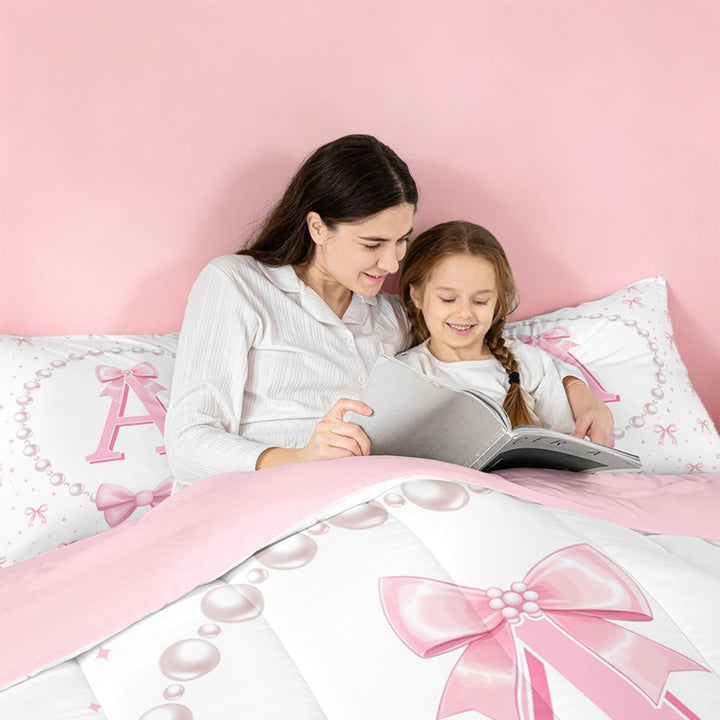 meiyoeat Bow Letter Print A 7 Pieces Full Size Bedding Sets For Girls,Girly Pink Bowknot Full Size Bed in a Bag For Kids,Pink Reversible
