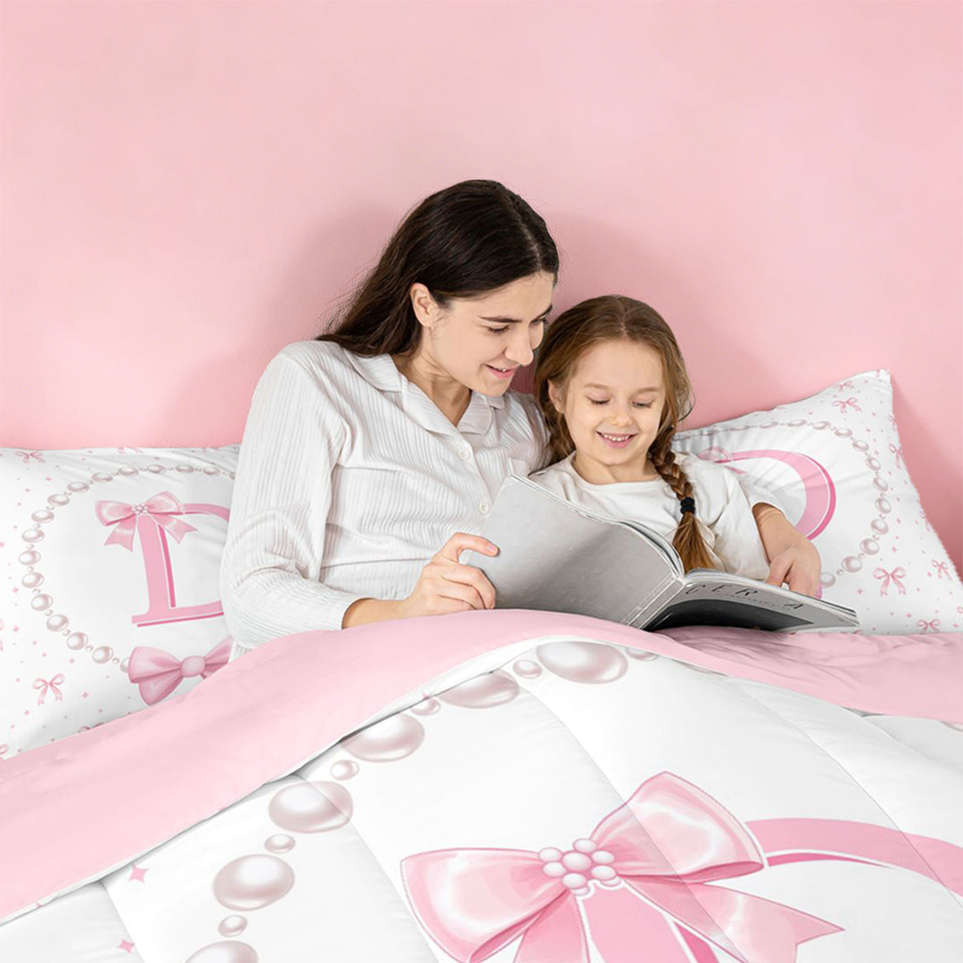 meiyoeat Ribbon Letter Print D 7 Pieces Full Size Bedding Sets For Kids,Fashion Women Pearl Necklace Full Size Bed in a Bag,Pink Reversible