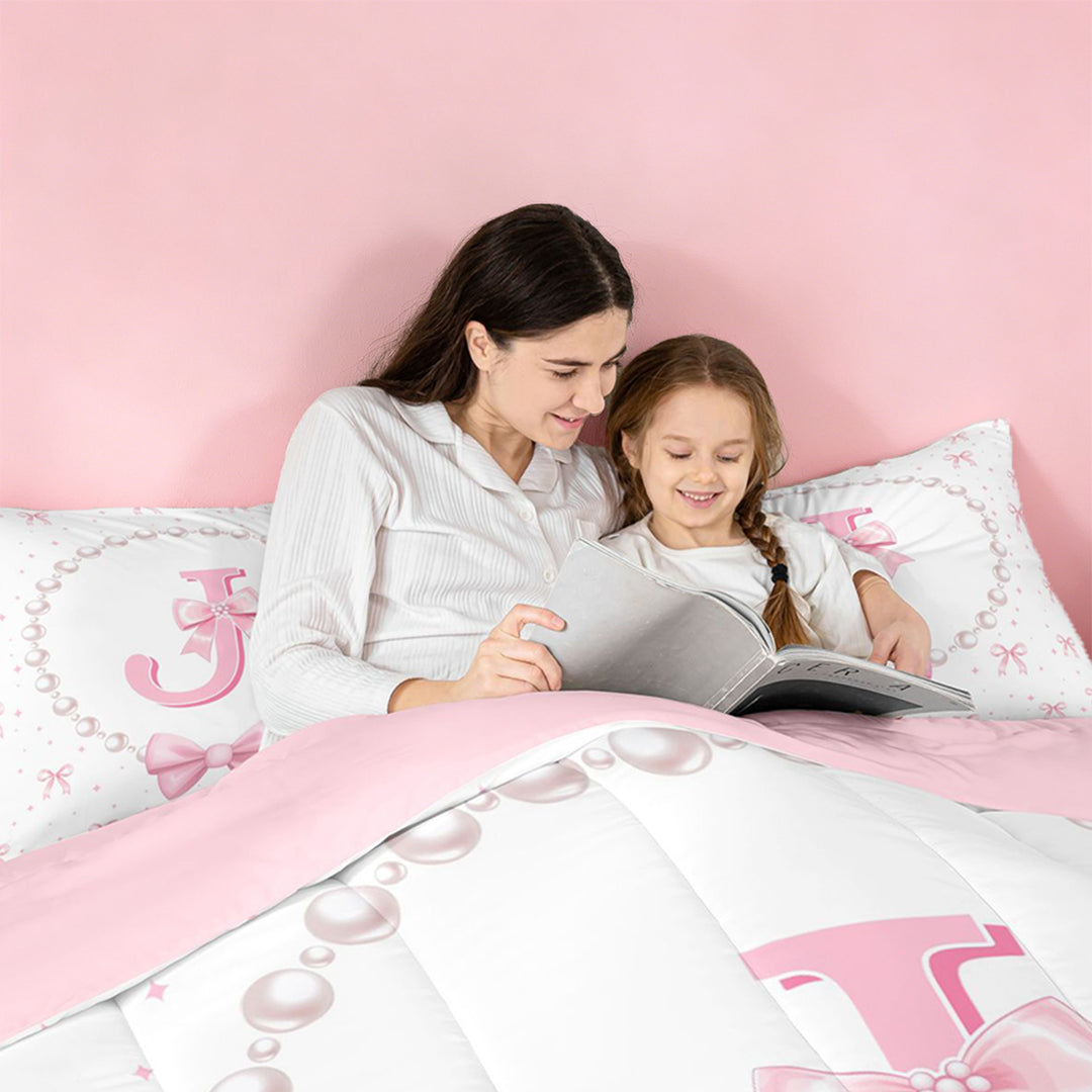 meiyoeat Pink Cute Bowknot Full Size Comforter Sets For Girls,Kawaii Bowtie Monogrammed J Bedding Comforter Set For Kids,Pink Reversible,3-Piece