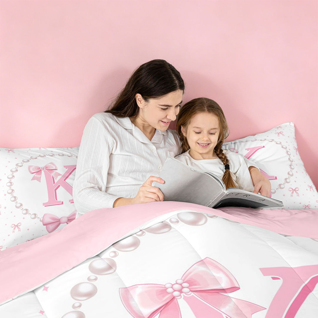 meiyoeat Cute Coquette Bowknot 7 Pieces Full Size Bedding Sets For Kids,Pink Ribbon Bow Initial Letter K Full Size Bed in a Bag,Pink Reversible
