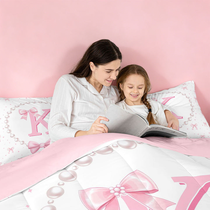 meiyoeat Cute Coquette Bowknot 7 Pieces Full Size Bedding Sets For Kids,Pink Ribbon Bow Initial Letter K Full Size Bed in a Bag,Pink Reversible