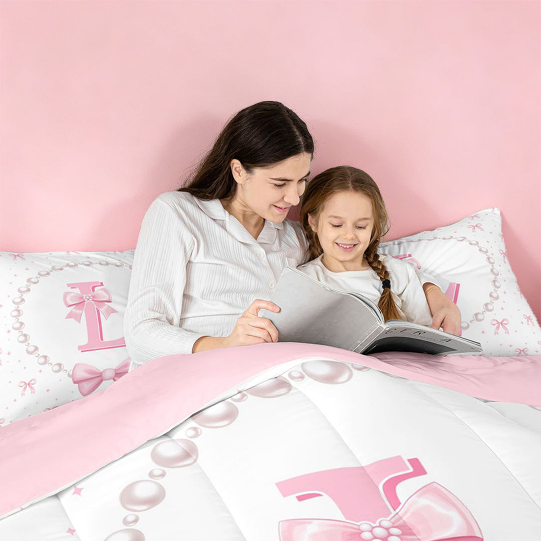 meiyoeat Kawaii Bowtie 7 Pieces Full Size Bedding Sets For Girls,Modern Personalized Initial L Full Size Bed in a Bag For Kids,Pink Reversible