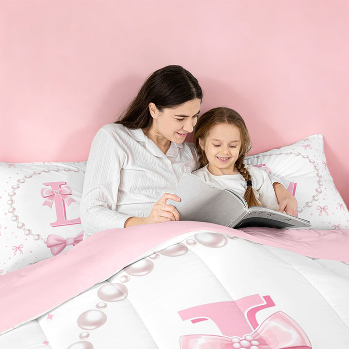 meiyoeat Kawaii Bowtie 7 Pieces Full Size Bedding Sets For Girls,Modern Personalized Initial L Full Size Bed in a Bag For Kids,Pink Reversible