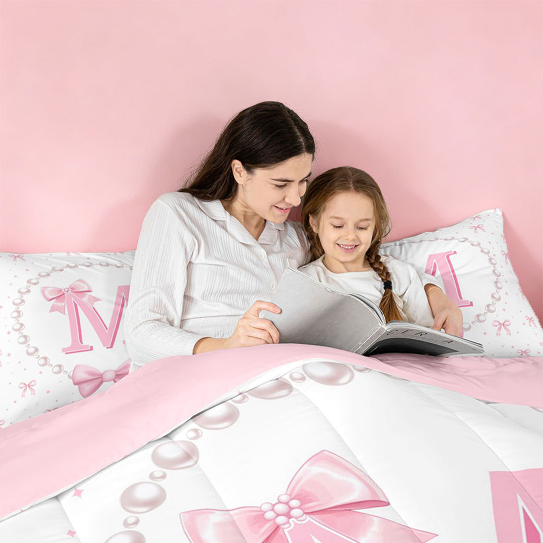 meiyoeat Chic Bow Tie 7 Pieces Full Size Bedding Sets For Bowknot Girls,Pink Initial Letter M Full Size Bed in a Bag For Kids,Pink Reversible