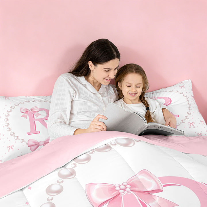 meiyoeat Fashion Women Pearl Necklace Full Size Comforter Sets,Girly Bowtie Monogrammed R Bedding Comforter Set For Kids,Pink Reversible,3pcs