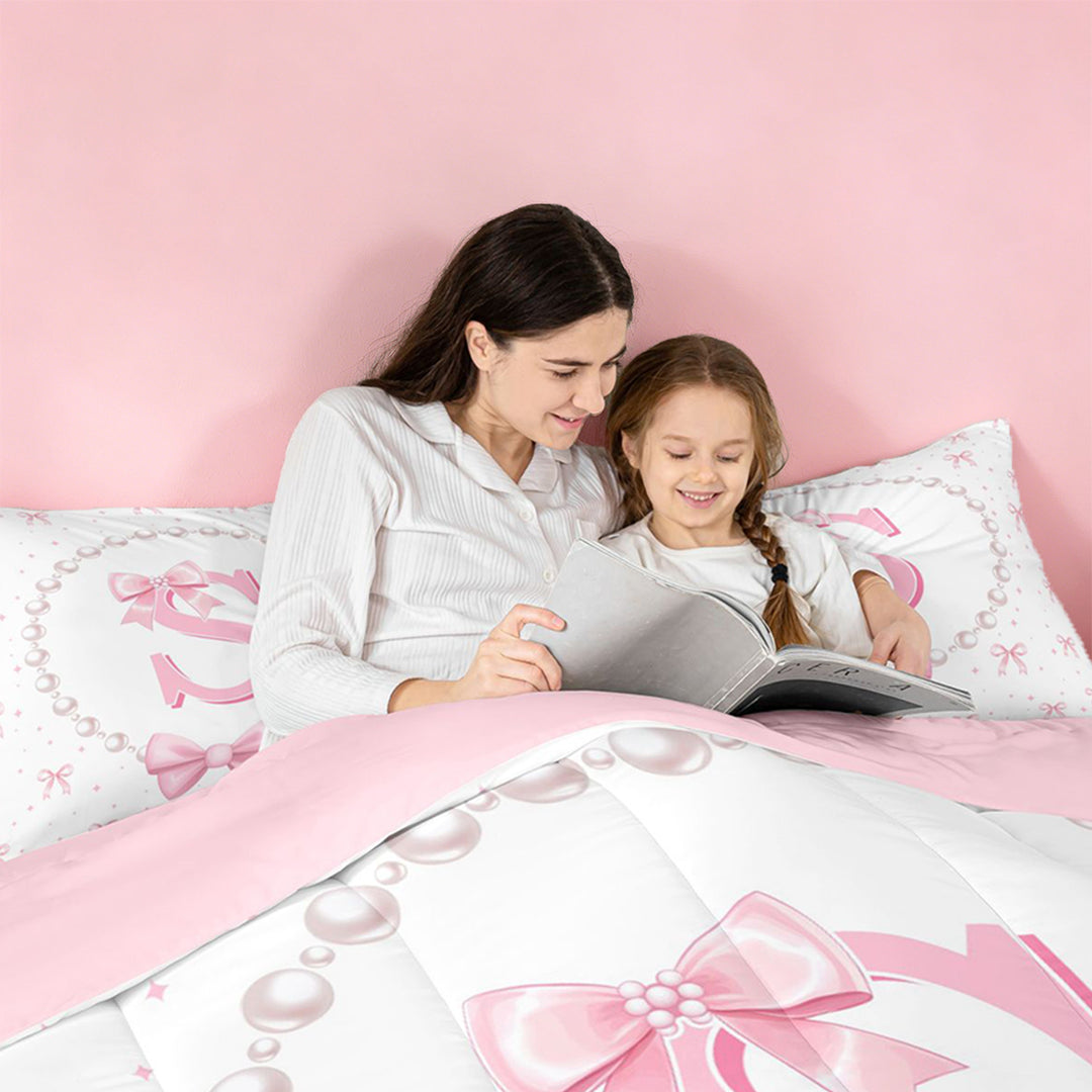 meiyoeat Pink Coquette Bowknot 7 Pieces Full Size Bedding Sets For Girls,Kids Personalized Letter S Print Full Size Bed in a Bag,Pink Reversible