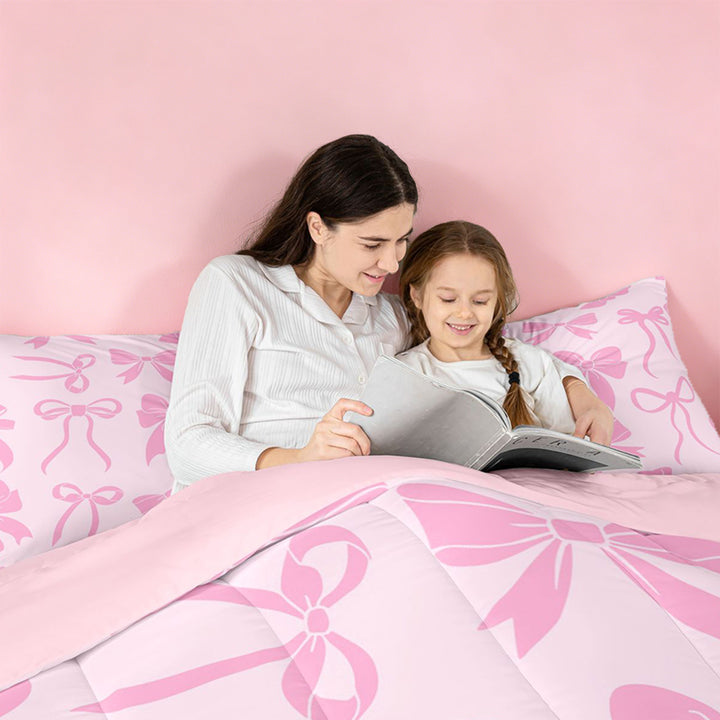 meiyoeat Pink Girly Bow 7 Pieces Full Size Bedding Sets For Kids,Ribbon Bowknot Full Size Bed in a Bag For Bowtie Lovers,Pink Reversible