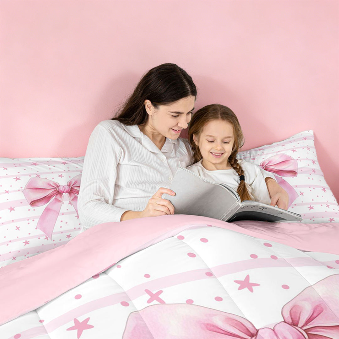 meiyoeat Pink Coquette Bow Full Size Comforter Sets For Girls,Cute Polka Dots Stars Bedding Comforter Set For Kids,Pink Reversible,3 Pieces